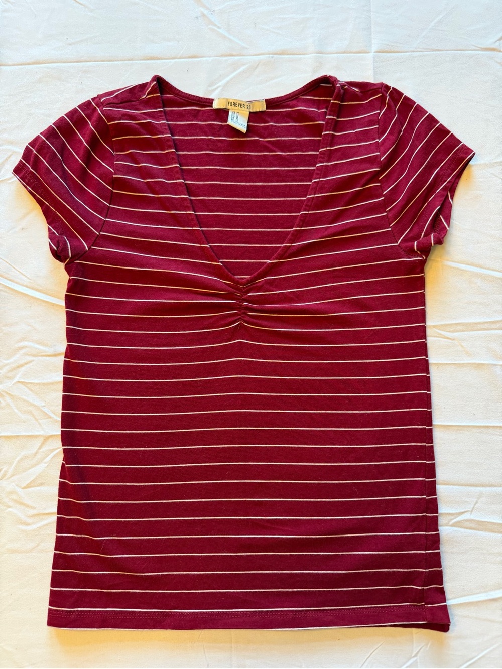 Forever 21 Women's Maroon and White Striped V-Neck Tee